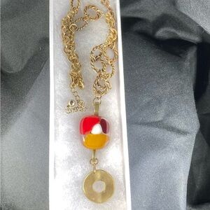 NWT  Gold and Multicolor Fused Glass Pendant Necklace